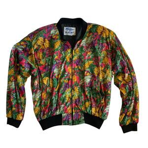 Vintage Pacific I.D. Bomber Jacket One Size Colorful Tropical Floral USA Zip Up